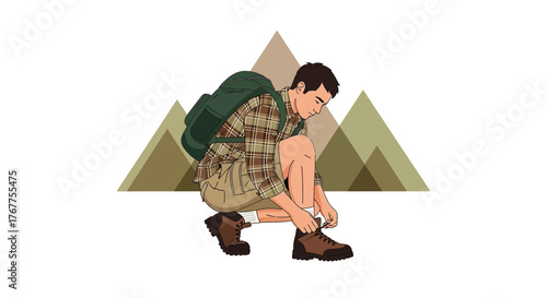 Adventurer Tying Boots Before Mountain Hike With Minimalist Triangle Mountain Backdrop