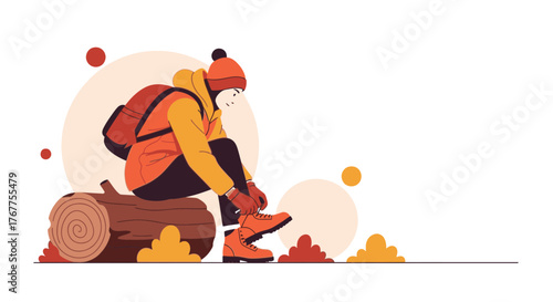 Adventurer Tying Boots Before Trek, Nature Illustration of a Solo Mountain Hike