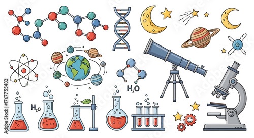 Whimsical science and space exploration icons illustration ideal for educational resources