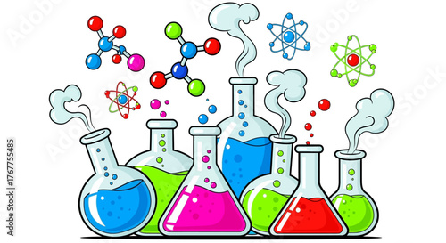 Whimsical chemistry laboratory illustration featuring colorful beakers atoms and laboratory