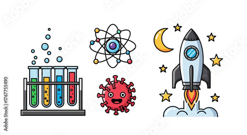 Colorful science exploration featuring test tubes atom coronavirus and rocket launch into space