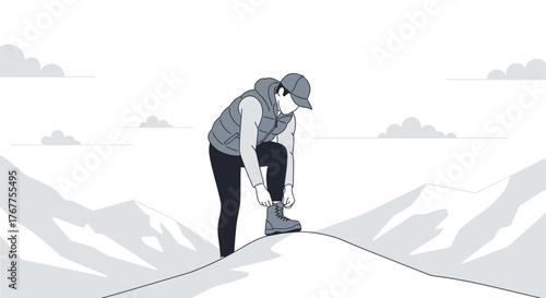 Adventurer Tying Boots: Discovering Resilience And Embrace Into The Mountain Terrain Forever