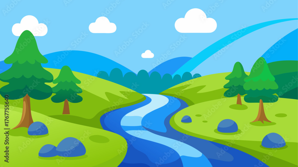 Fototapeta premium Cartoon landscape with a winding river and green hills