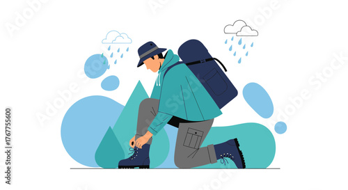 Adventurer Tying Boots in Rain Before Trekking, Seeking Exploration and Expedition