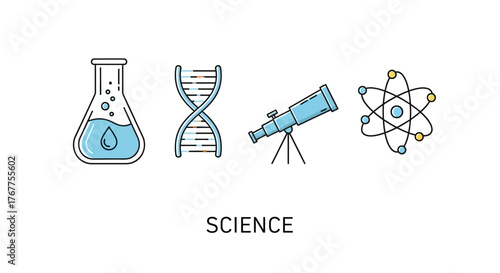 Science themed illustration featuring laboratory flask dna telescope and atom elements perfect for