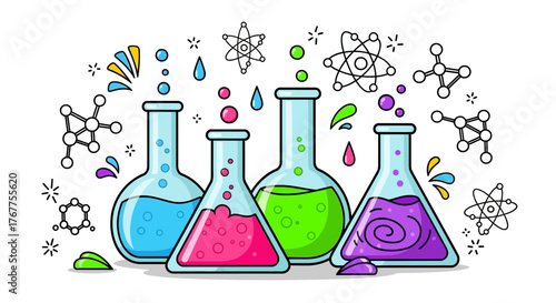 Vibrant science illustration featuring colorful chemical solutions and molecular structures