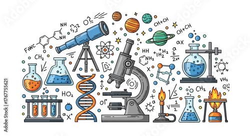 Scientific Exploration: A whimsical hand-drawn illustration of tools and elements