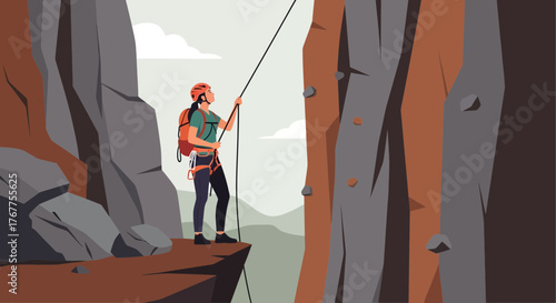 Adventurous Climber Ascends Rocky Terrain with Safety Gear and Determined Focus