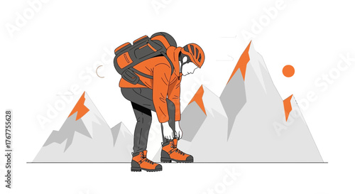 Adventurous Climber Prepares For Expedition With Mountain Range In The Background