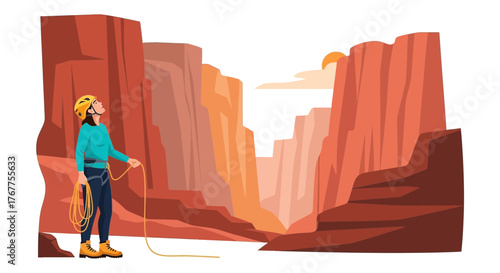 Adventurous Climber Surveying The Canyon, Ready To Embark On The Grand Traverse