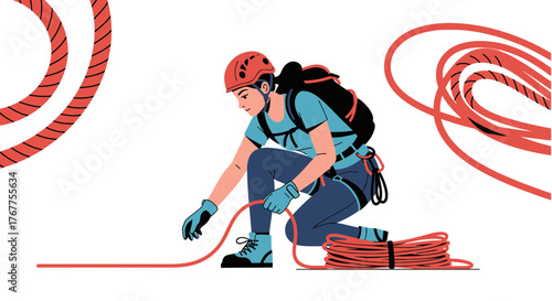 Adventurous Climber Prepares Equipment With Helmet And Ropes For Extreme Hiking