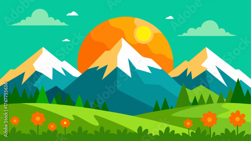 Vibrant flat design mountain landscape with sun and flowers