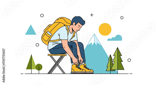 Adventurer Tying Boots Preparing For Hike In The Mountains With A Backpack On