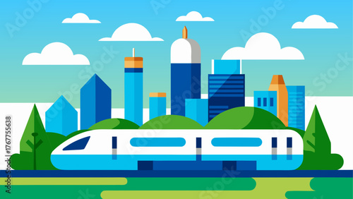 Modern high speed train travels through a futuristic city with green hills