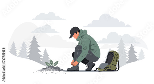 Adventurer Tying Boots Preparing for Journey Into Serene Wilderness Setting