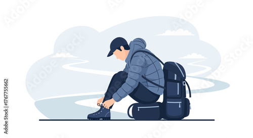 Adventurer Tying Boots: Preparing For The Journey Into The Mountains Wilderness Adventure