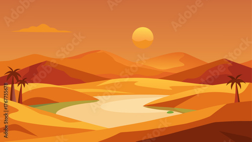 Desert landscape with rolling dunes palm trees and a winding river under a warm sun