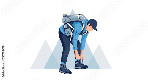 Adventurer Tying Boots to Prepare for Hiking Trip Near Majestic Mountain Peaks Ready