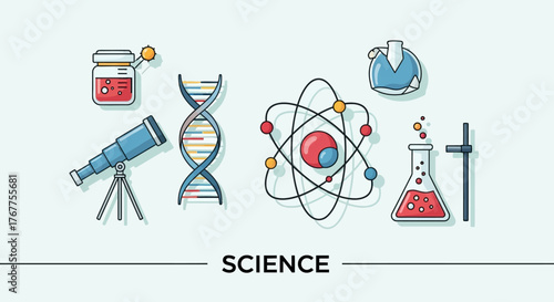 Science illustration featuring laboratory equipment and scientific symbols for educational purposes