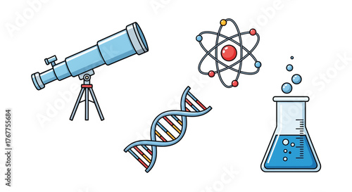 Scientific exploration: A collection of stylized science icons for research and discovery