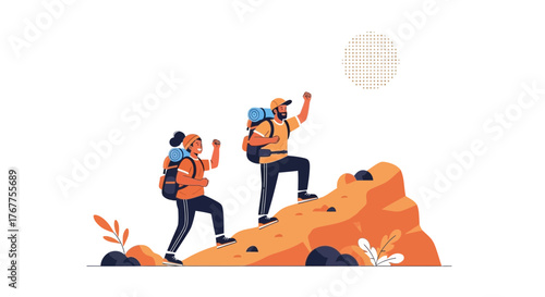 Adventurous Couple Climbing The Mountain Towards The Sun In A Beautiful Expedition