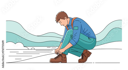 Adventurer Tying Boots Preparing to Discover Serene Landscape in Vector Illustration