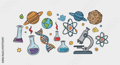 Cartoon science elements collage, featuring planets, microscope, beakers and dna molecule