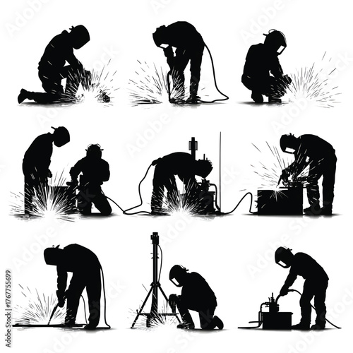 Silhouettes of welders working with welding machines and bright sparks on white