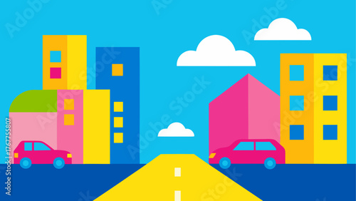 Colorful flat design cityscape with cars and clouds