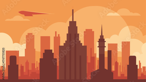 Modern city skyline with airplane and clouds at sunset