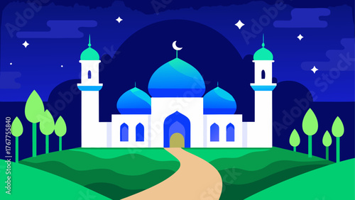 Stylized mosque with blue domes and minarets at night