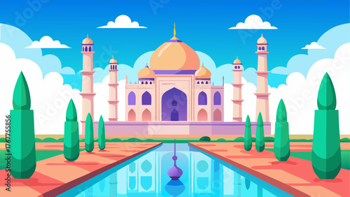 Stylized illustration of the taj mahal with reflection in water