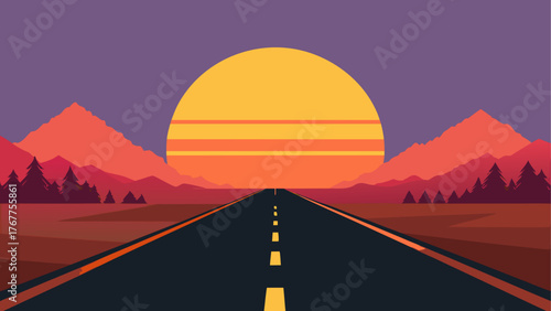 Flat design road leading to a vibrant sunset over mountains