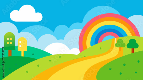 Vibrant cartoon landscape with rolling green hills and a bright rainbow