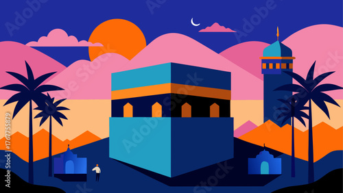 Stylized islamic landscape with kaaba and minaret at sunset