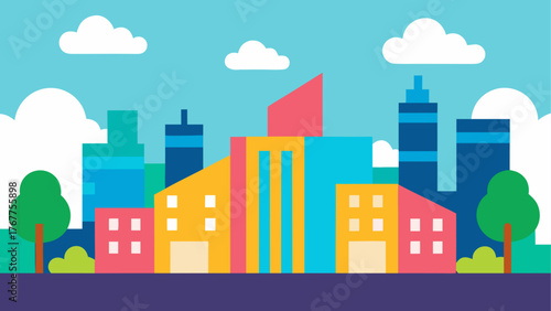 Colorful cartoon cityscape with buildings and trees under a blue sky