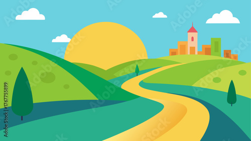 Stylized landscape with rolling green hills a winding road and a distant city at sunrise