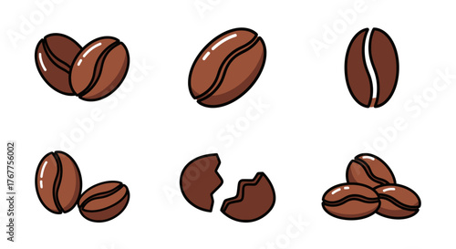 Collection of Roasted Coffee Beans in Various Arrangements.
