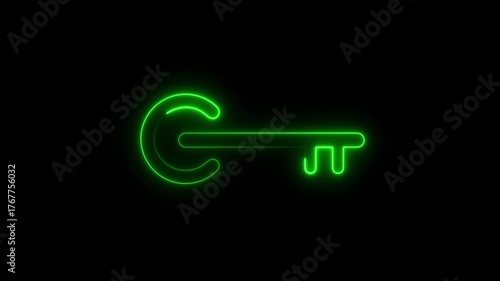 Glowing neon key icon animation,Glowing neon key icon 4k isolated on black background, turquoise color key icon glowing neon key animation 4k video motion footage,