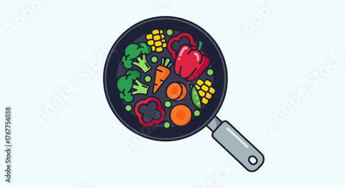 Colorful Fresh Vegetables Cooking in a Frying Pan.