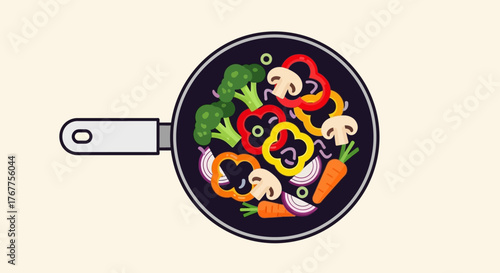 Colorful Fresh Vegetables Saut?ing in a Frying Pan for a Healthy Meal.