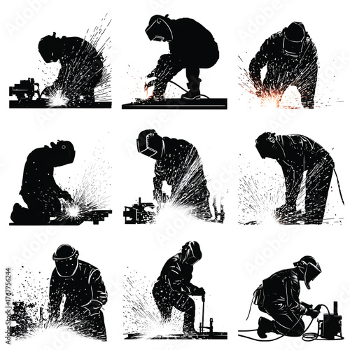 Silhouetted welders working with sparks flying in various positions