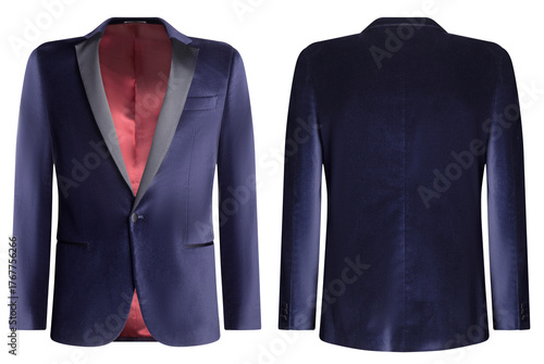 Elegant velvet blazer front and back view isolated on white background