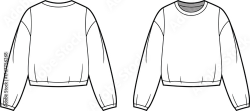 Oversized Cropped Sweatshirt Flat Fashion Sketch Technical CAD Drawing Crew Neck Balloon Sleeve Vector Illustration