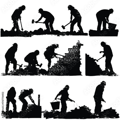 Silhouettes of construction workers rebuilding a brick wall with tools and hardhats