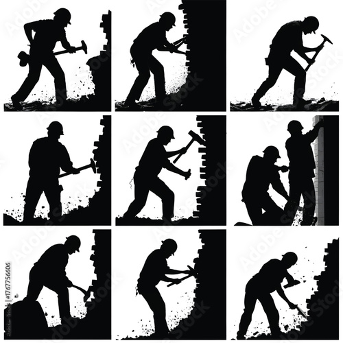 Silhouette of construction worker demolishing brick wall with hammer and chisel