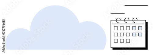 Blue cloud next to a grid calendar with spiral binding, symbolizing cloud-based scheduling, planning, or data storage. Ideal for organization, time management, teamwork, tech, productivity and data