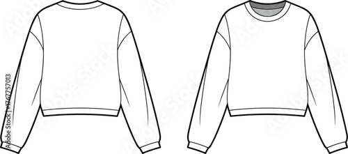 Oversized Cropped Sweatshirt Fashion Flat Sketch Technical CAD Drawing Crew Neck Long Sleeve Vector Illustration