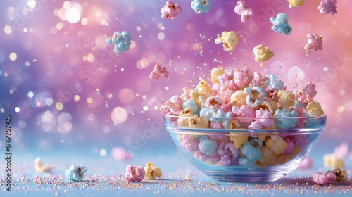 Colorful popcorn with sprinkles flying above glass bowl, concept of fun, celebration and sweet snack in festive background