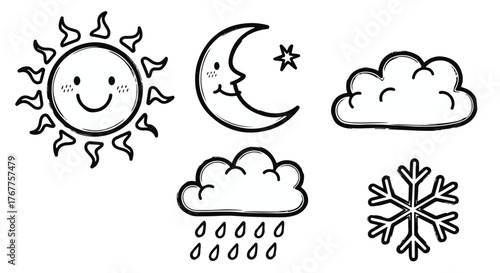 Weather icons with smiling sun, moon, clouds, rain, and snow